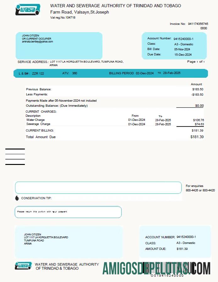 Em branco modelo de conta de serviços públicos WASA de Trinidad e Tobago em formatos Word e PDF